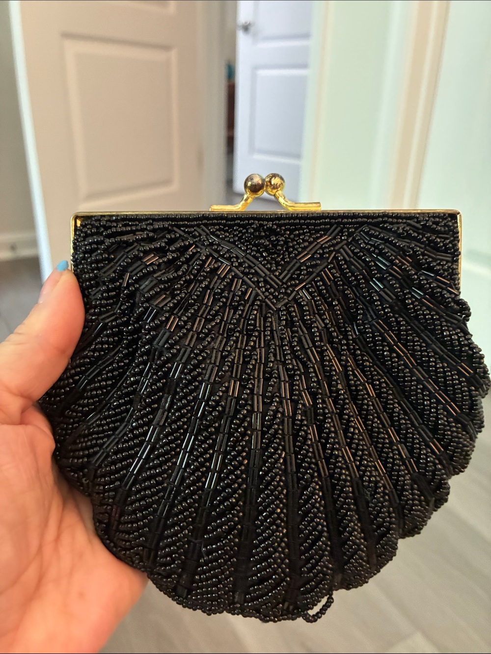 Unlisted Black Beaded Shell-Style Clutch with Gold Frame